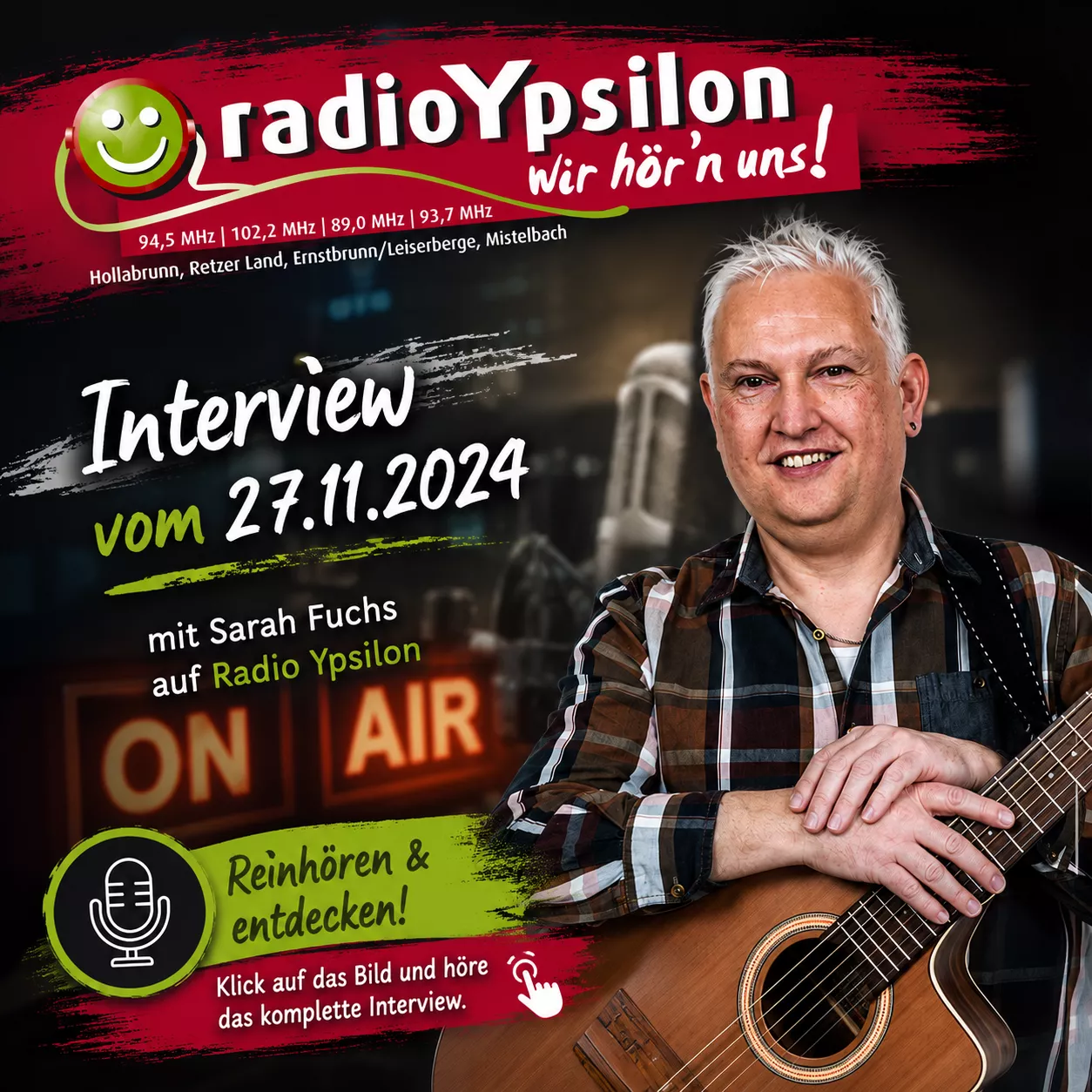 Alfred Bischof beim Interview auf Radio Ypsilon am 27.11.2024 mit Moderatorin Sarah Fuchs – Liedermacher aus Vorarlberg mit Gitarre.