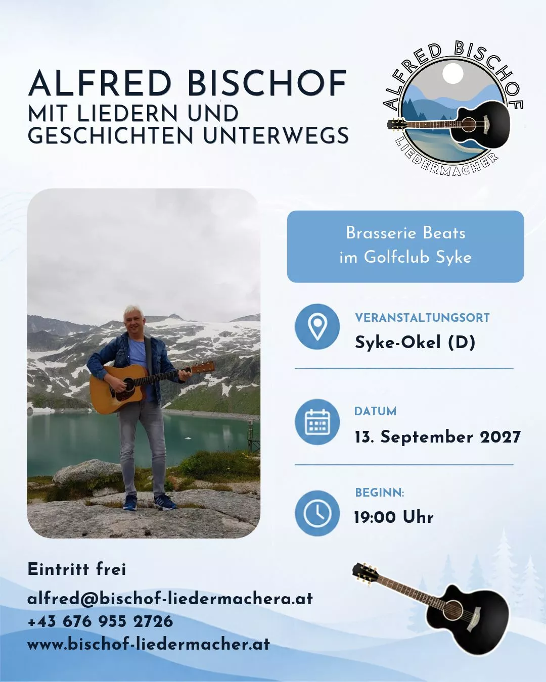 Konzertankündigung: Alfred Bischof bei Brasserie Beats im Golfclub Syke am 13. September 2027 um 19:00 Uhr in Syke-Okel. Eintritt frei.